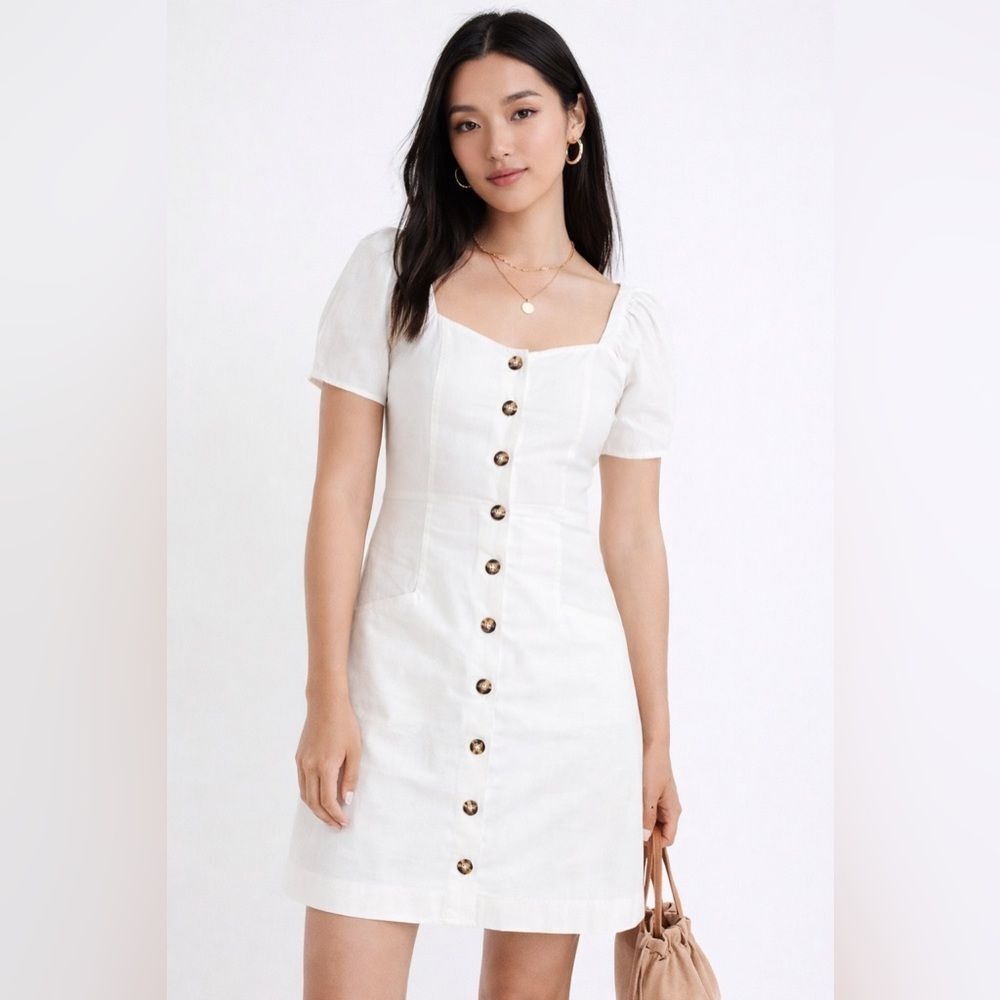 Madewell Linen Cotton Puff Sleeve Mini Dress in Cream Classic Women's 14 NF915